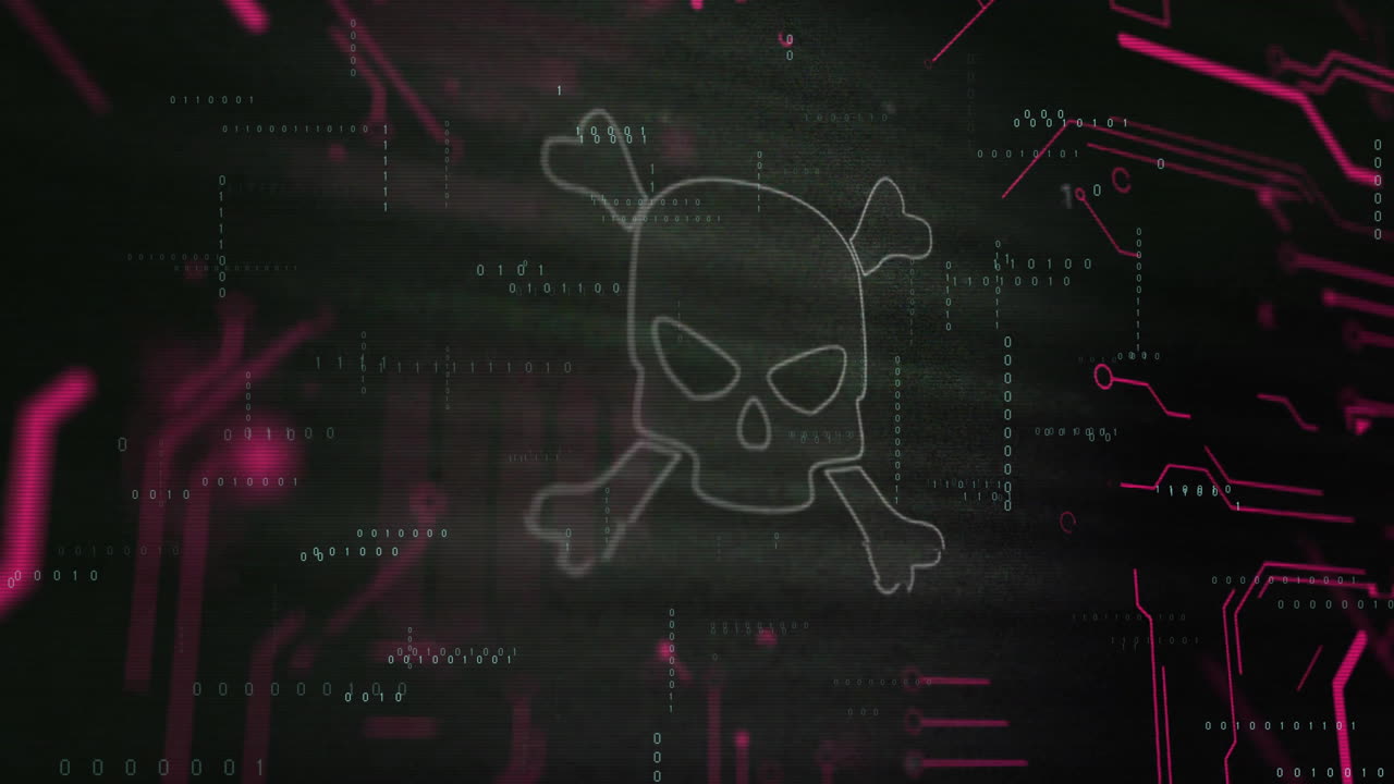 animación del icono del cráneo y los huesos a través del procesamiento de datos de codificación binaria