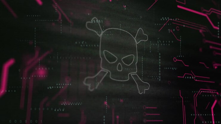 Animation of skull and bones icon over binary coding data processing