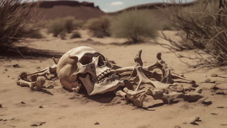 skeleton and scull bones of human remains in the desert after body decomposed