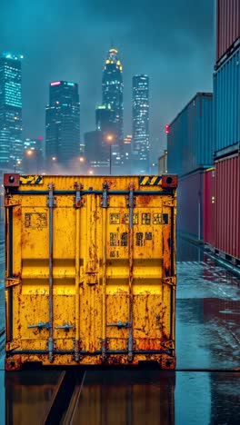 yellow shipping container illuminated by city lights at night