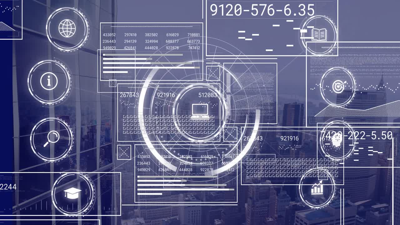 Animation of data processing over cityscape