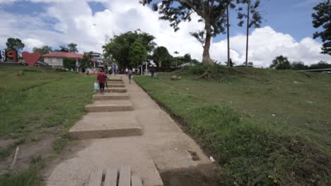 people cross a simple wooden bridge on the amazon river