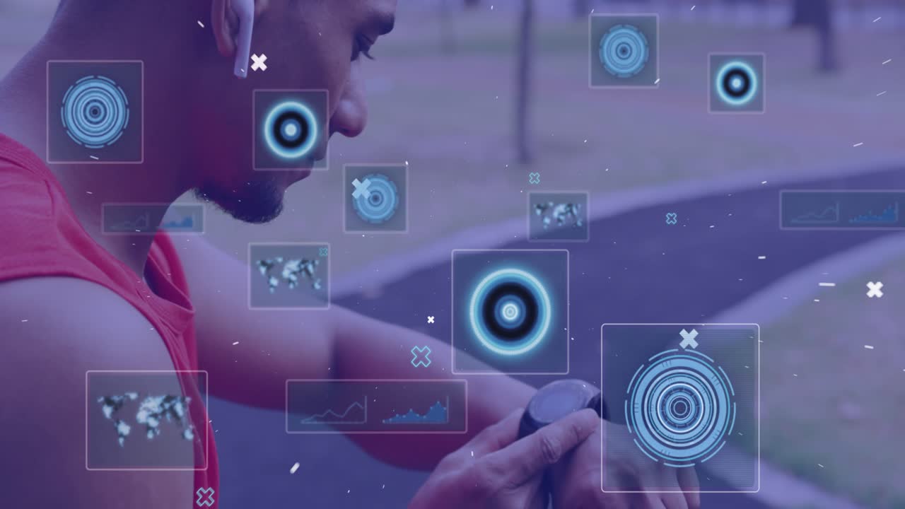 Animation of network of connections with media icons over caucasian using smartphone
