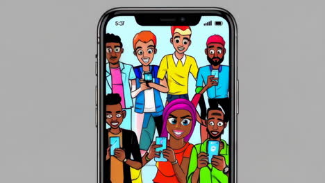 cartoon characters and people on smartphone screens