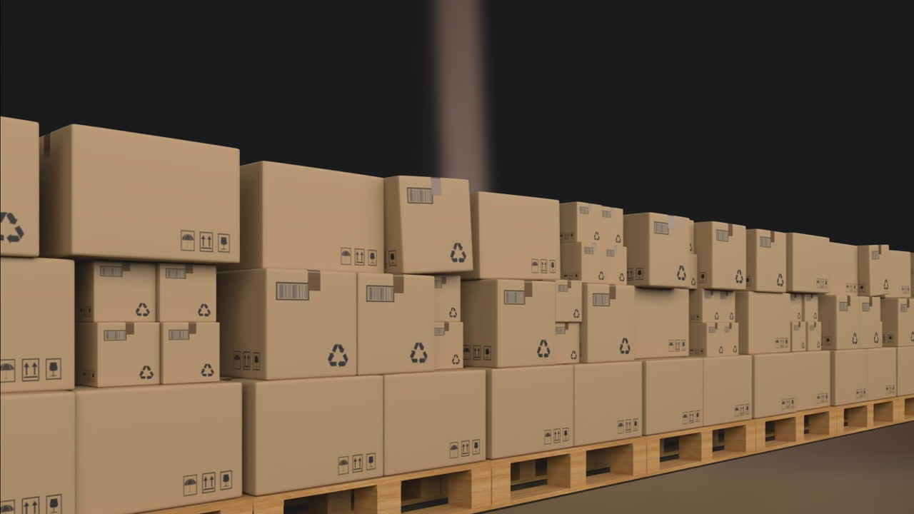 Stacked cardboard boxes animation in warehouse, showing logistics process