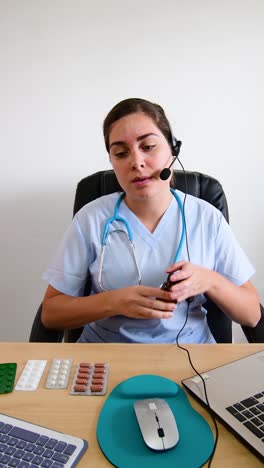 a woman wearing a blue scrubs is talking on a phone. healthcare online.