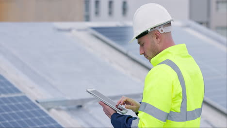 engineering, man and tablet for solar panels