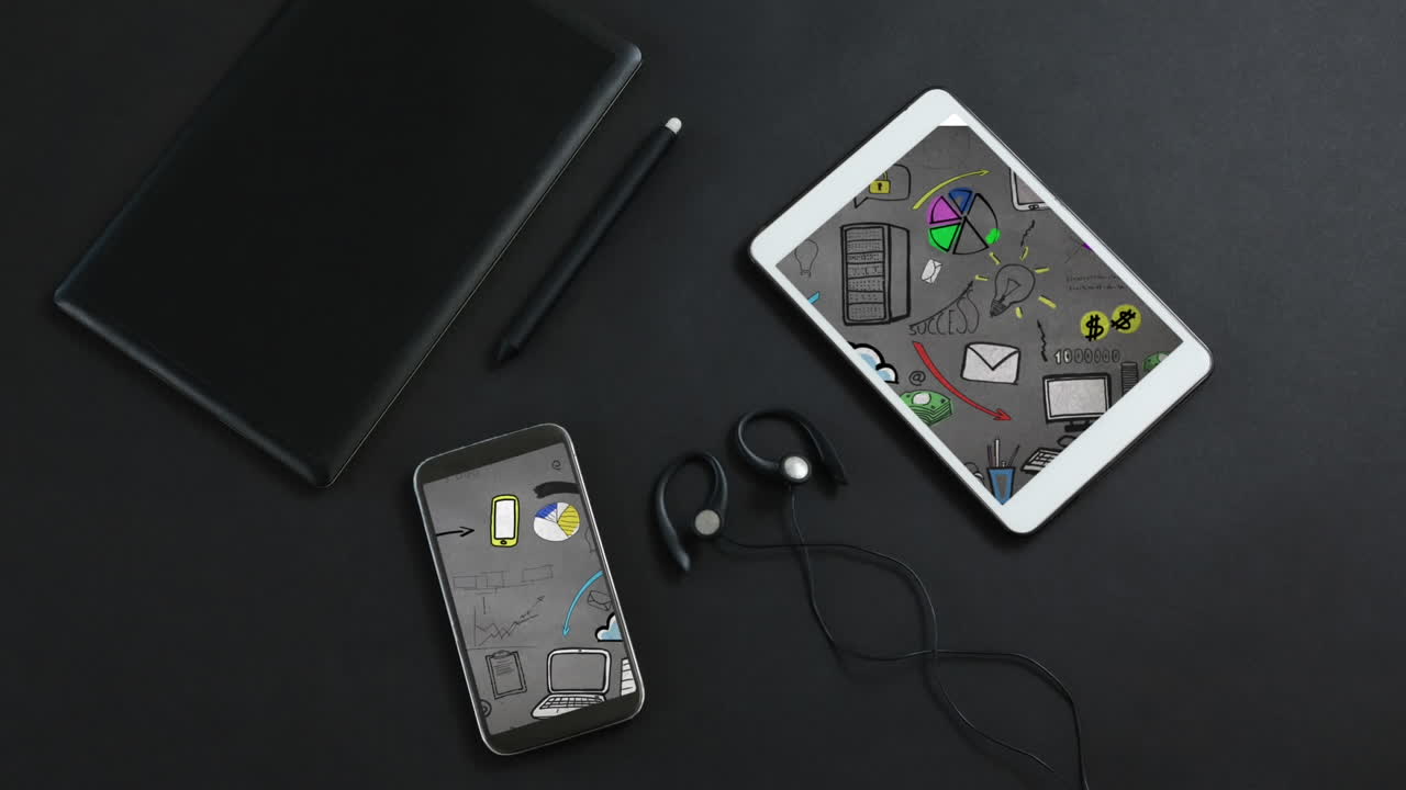 animación de las estadísticas y el procesamiento de datos financieros a través de la pantalla de la computadora portátil y el teléfono inteligente.