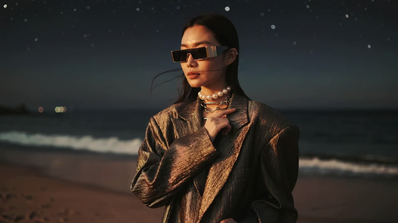 Fashionable woman on the beach at night