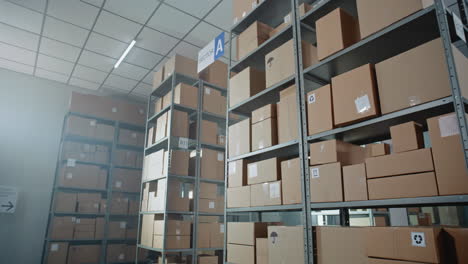 warehouse storage with cardboard boxes on metal shelves