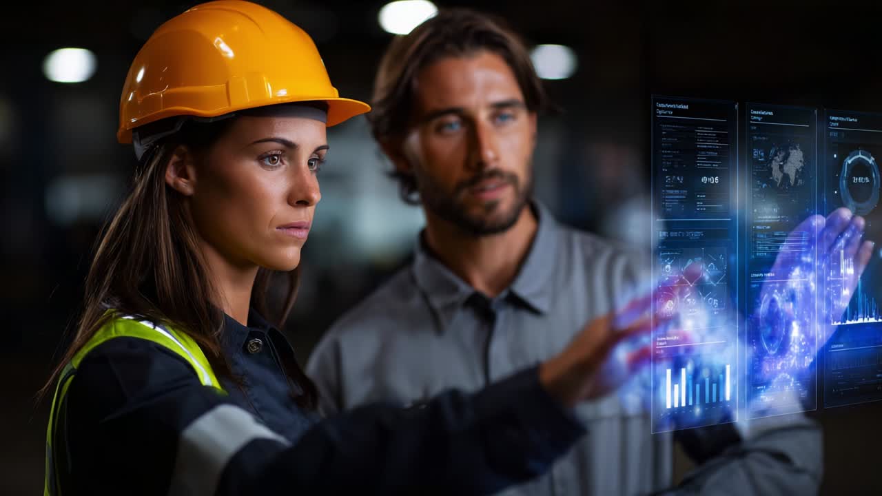 A Female Engineer in Safety Gear Collaborates with a Colleague in a Modern Workspace, Analyzing Digital Data Trends on an Interactive Display with Advanced Technology and Visualization Techniques