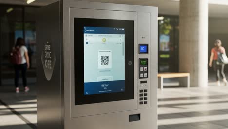 automated self-service kiosk featuring interactive touchscreen for efficient qr code transactions and user engagement in modern space