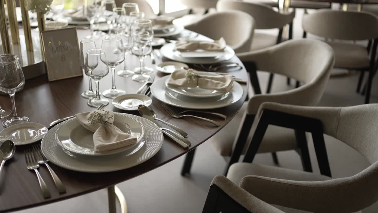 elegante mesa de bodas con platos y vasos prístinos