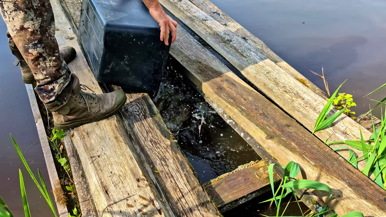 Man releasing fish from plastic container into water from wooden footbridge