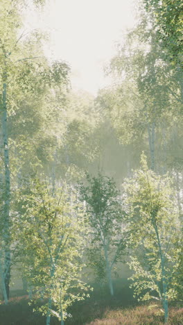 misty birch forest in sunlight