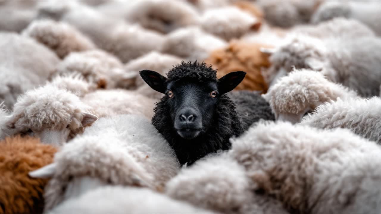 A solitary black sheep stands out among a flock of fluffy white sheep, embodying uniqueness and individuality amidst a sea of similarities