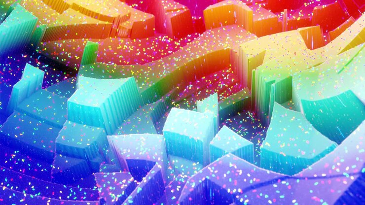 Beautiful abstract 3D surface with glitter sparkles, extruded or displaced waves transform in loop. Rainbow gradient, soft matte material like morphing sweetness or marmalade with light inner glow.