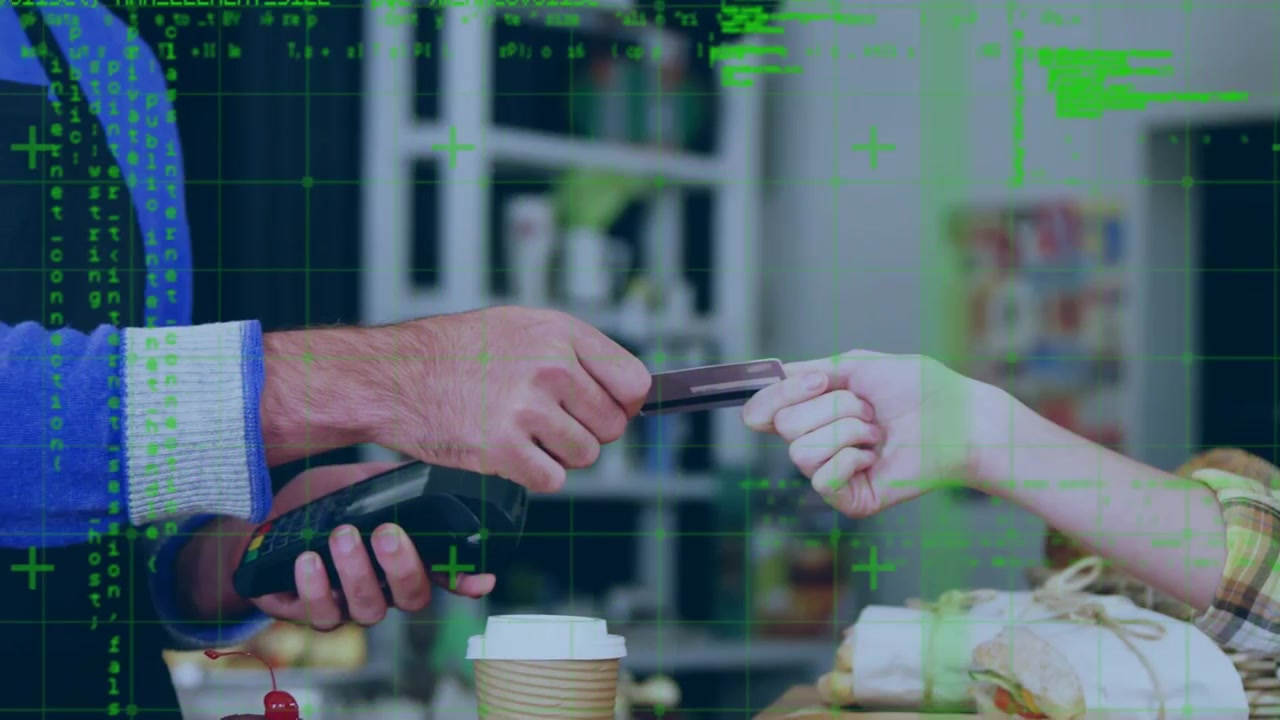 Animation of data processing over caucasian woman paying with credit card