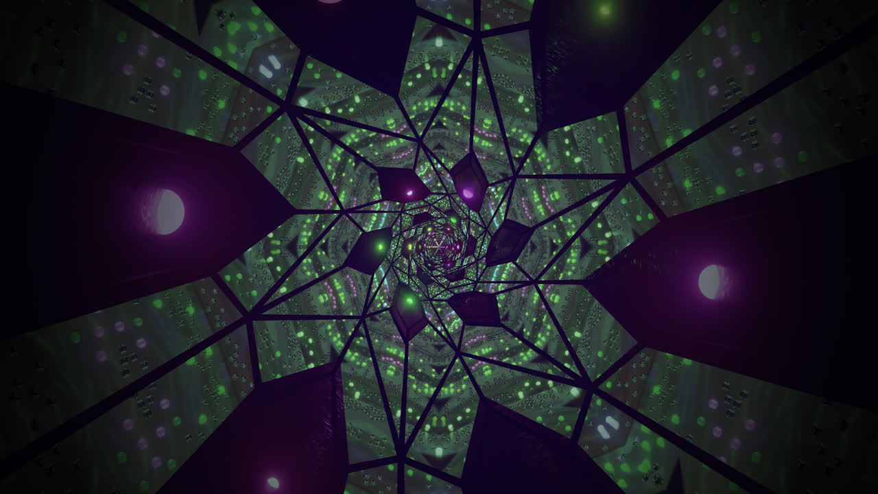 A dynamic visual display features a rotating tunnel of vivid shapes and colors. The seamless loop creates an engaging and calming atmosphere perfect for screensavers or relaxation