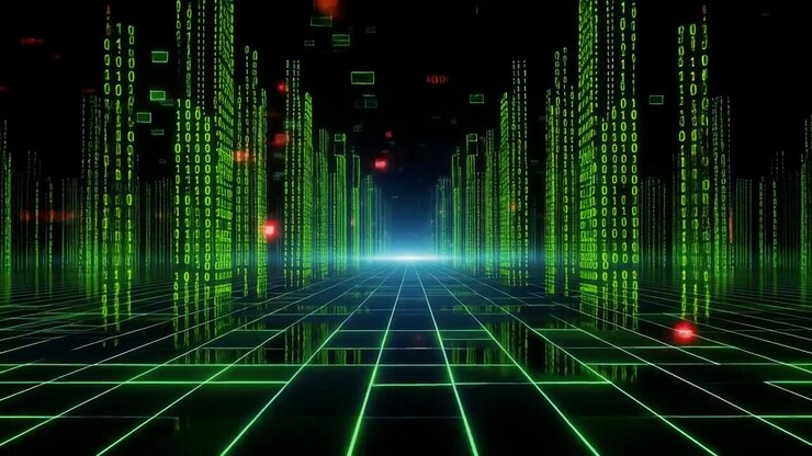 Navigating a Virtual Cityscape of Green Binary Code