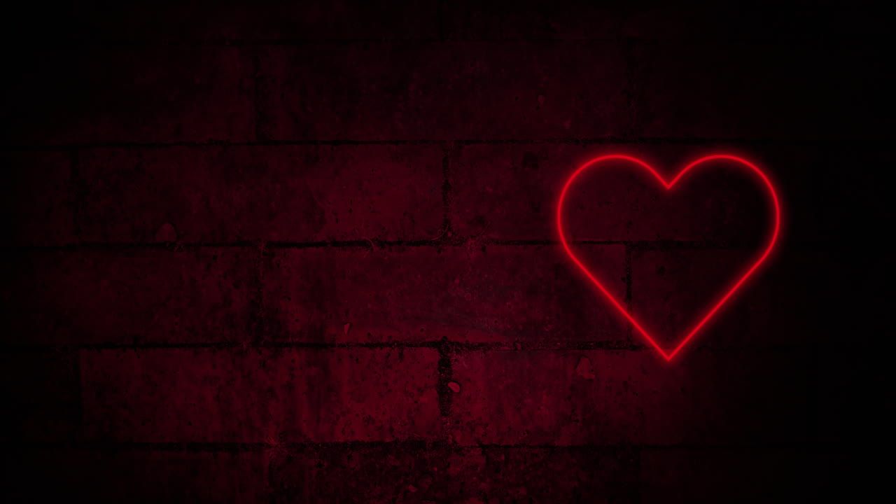 animación de un corazón de neón rojo parpadeando en una pared de ladrillo oscuro