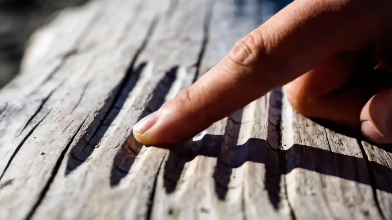 Hovering bare fingertip tapping then sliding along wood plank grooves under sun, exploring texture