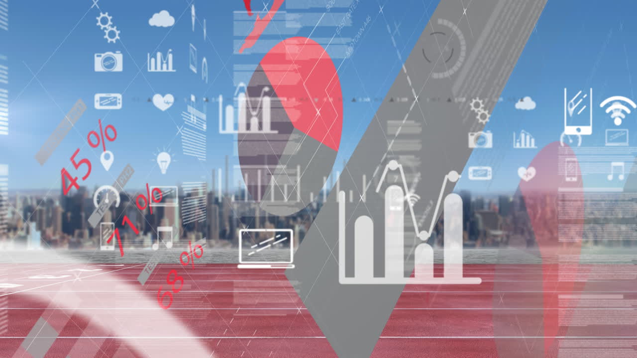 도시 풍경 위의 금융 데이터 처리 애니메이션