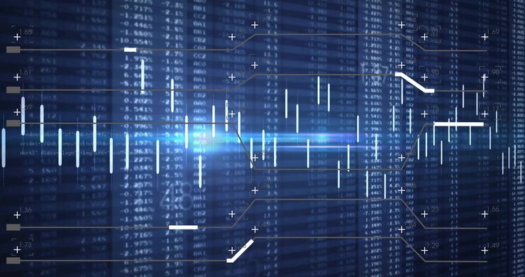 Abstract financial chart being visualized with candlestick bars and golden connector lines glowing