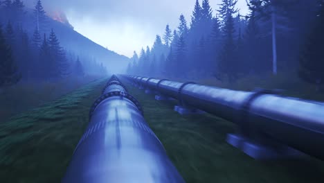 Five-streams-of-pipeline-running-through-the-forest-clearance.-Metal-tubes-transport-oil-or-gas-over-long-distances.-Heavy-steel-pipes-supply-fuel.-Industrial-or-petrochemical-concept.