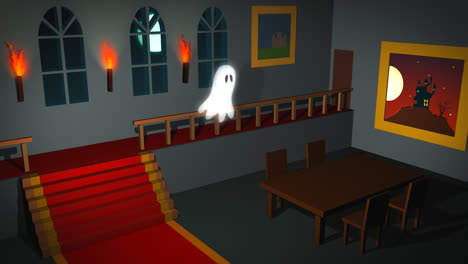 A-scary-night-with-a-bright-moon.-Dark,-haunted-mansion-interior-with-torches,-carpet-and-old-furniture.-Evil-ghost-flying-through-the-room-and-disappears-behind-the-wall.