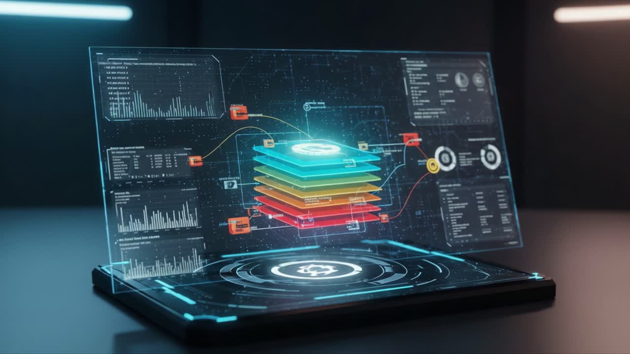 Futuristic Data Visualization Interface with Layered Graphic Elements, Dynamic Charts, and Interactive Displays for Enhanced Information Analysis and Interpretation