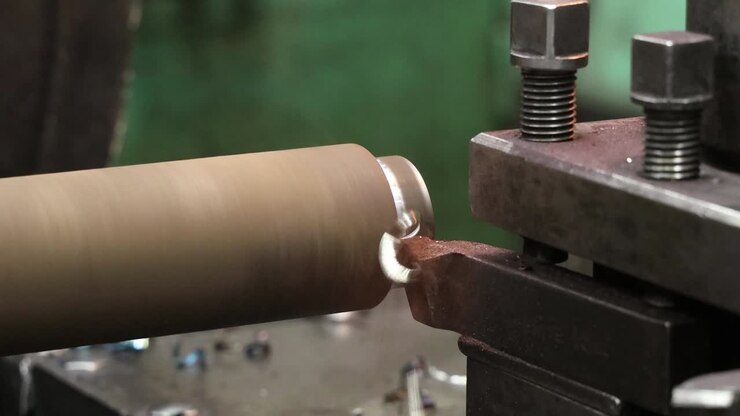 the lathe continues to process the cylindrical metal block and cuts the chips