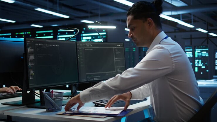 Admin in data center maintaining accurate documentation of infrastructure