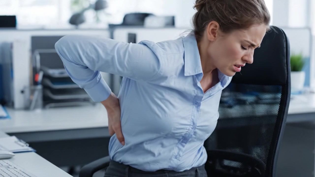A Woman Struggling with Discomfort and Pain in the Office, Highlighting the Impact of Sedentary Work on Physical Health and Well-Being