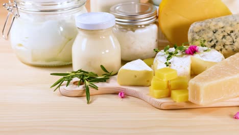 assorted dairy items arranged on a table