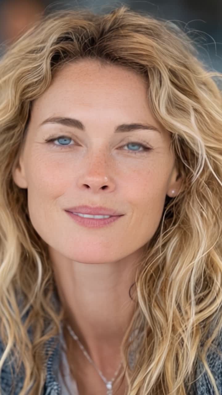 Primo piano accattivante di una donna sorridente con capelli mossi e occhi azzurri luminosi che irradia gioia e fiducia, evocando emozioni calde e positività