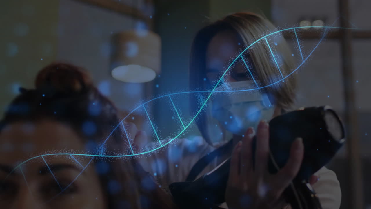 DNA strand animation over hairdresser styling client's hair in salon