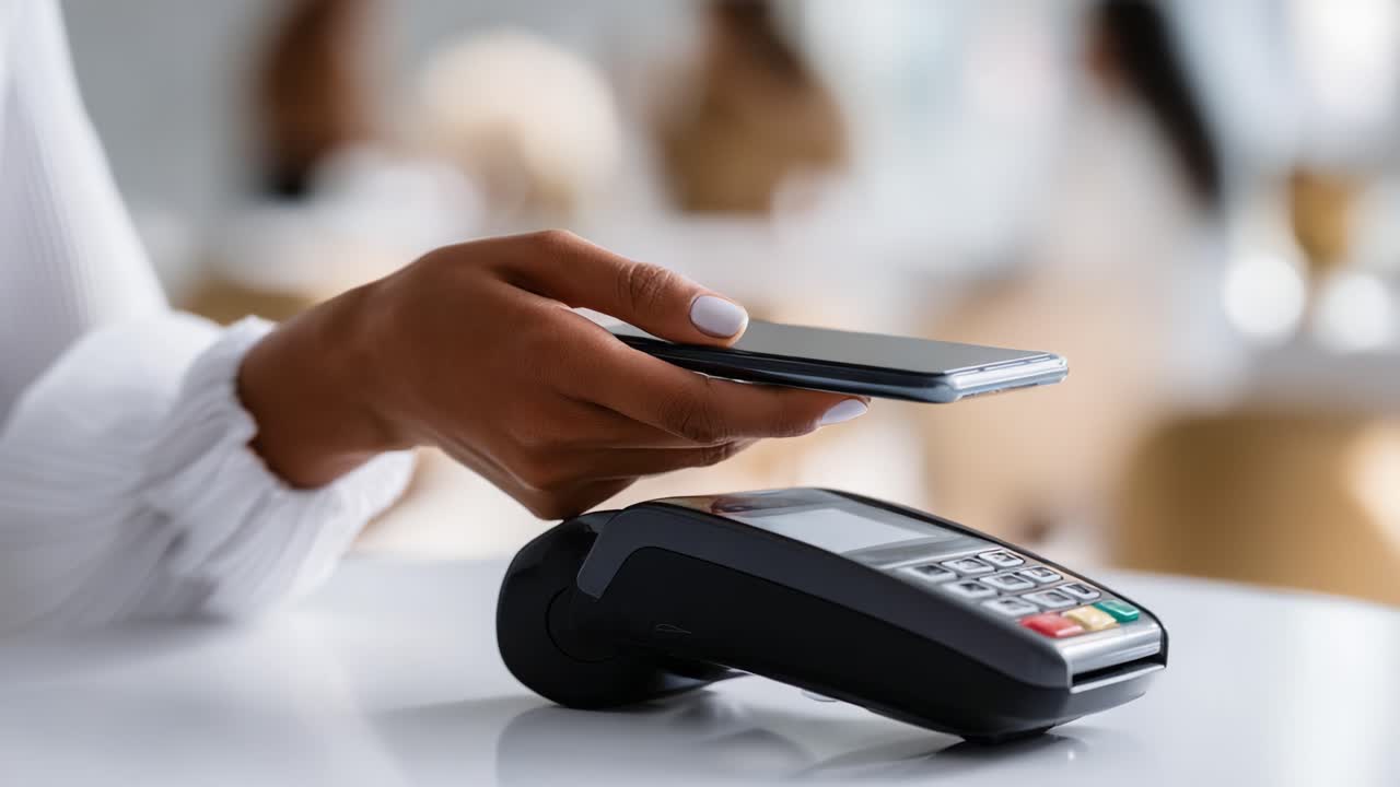 A Seamless Contactless Payment Experience: Showcasing the Convenience of Modern Digital Transactions Through a Smartphone Touching a Payment Terminal