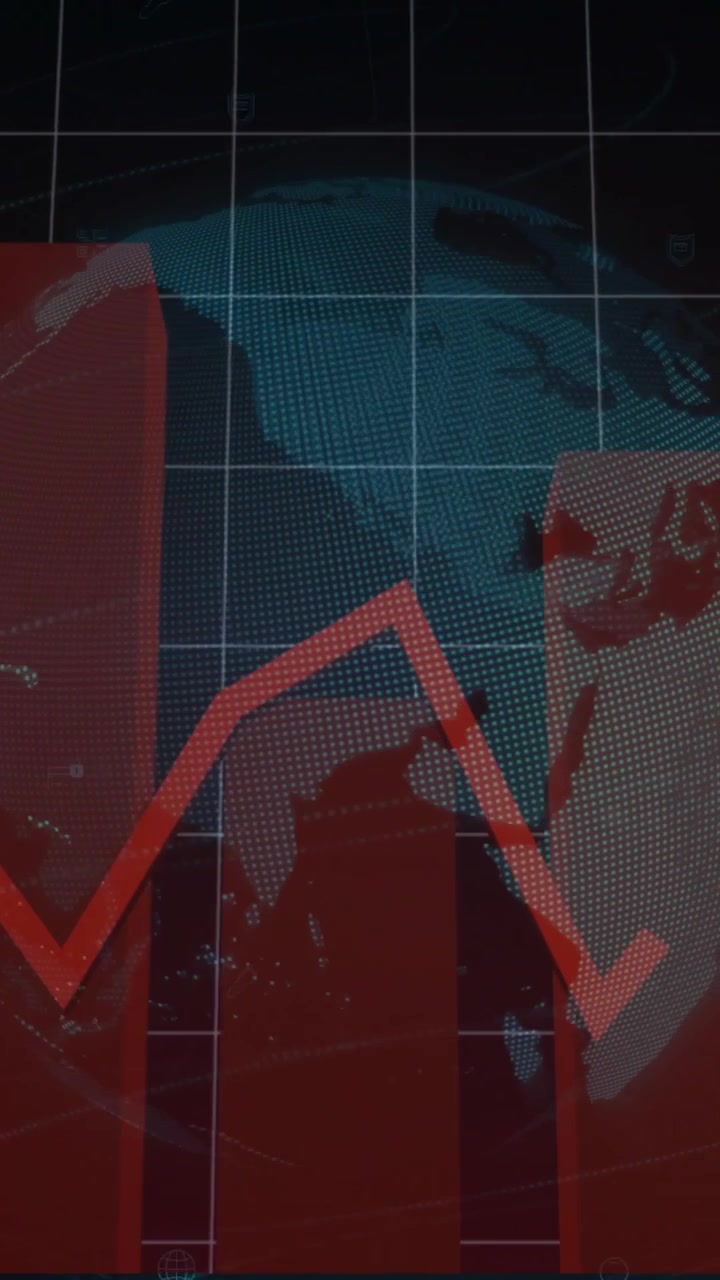 Animação de tendências financeiras flutuantes com gráfico de barras vermelho sobre o globo.