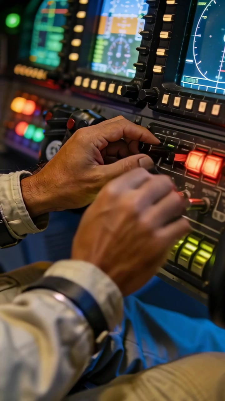 Vertical video: Entering crew hands tuning radios and pressing buttons at panel for startup, cuffs