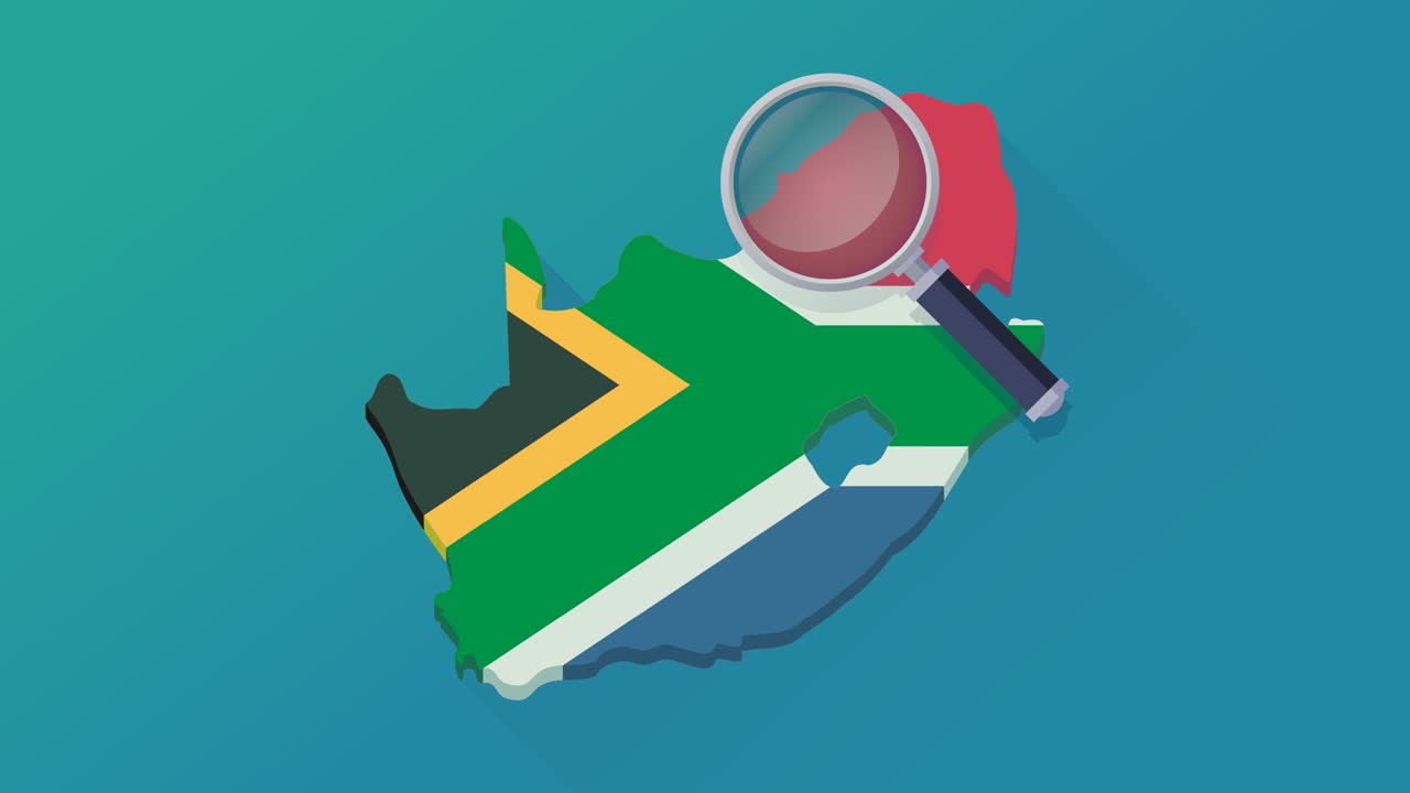 푸른 배경에 발이 그려진 남아프리카 공화국 지도에서 확대 유리로 루프 검색 (평평한 디자인)