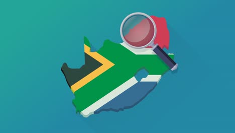 búsqueda de bucle con lupa en el mapa de sudáfrica con la bandera en un fondo azul con sombra (diseño plano)