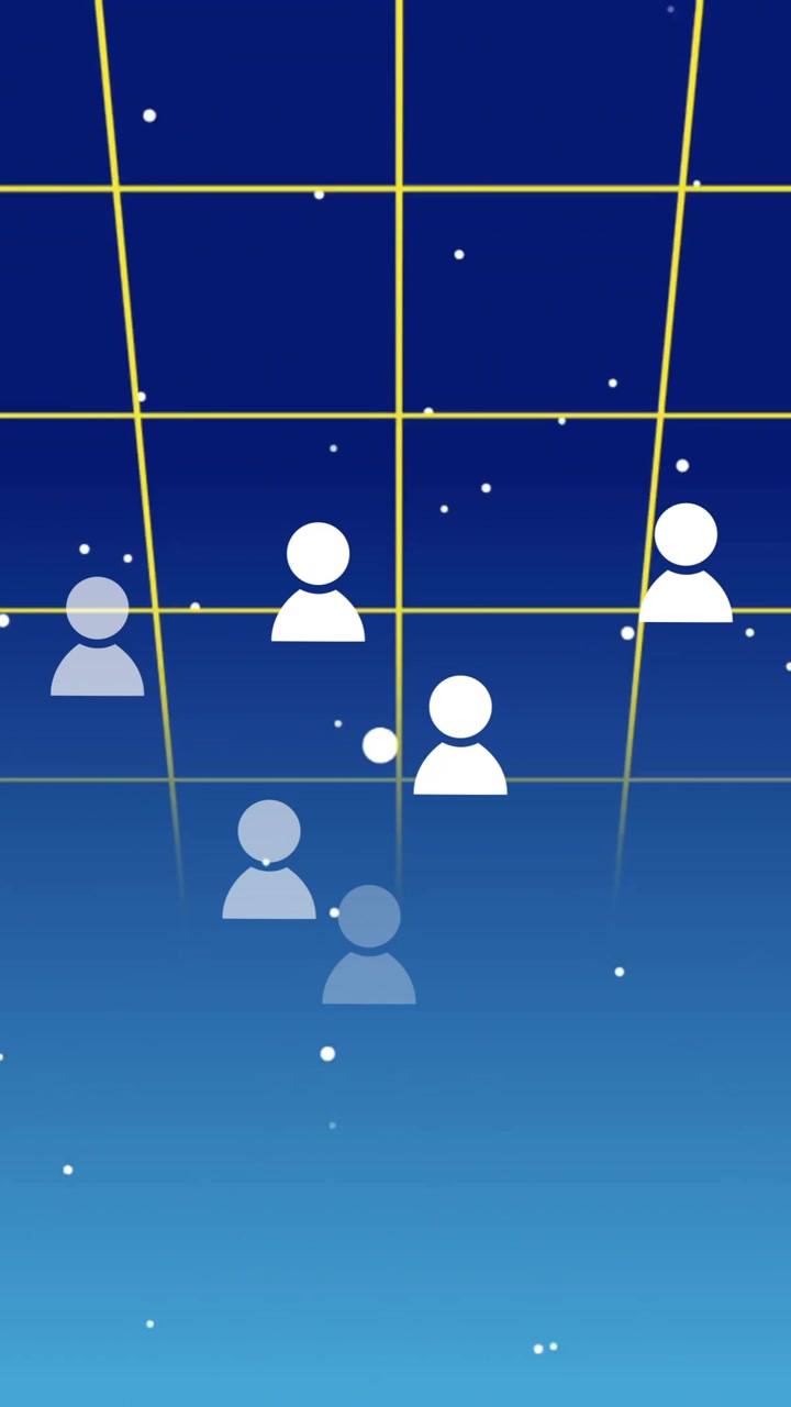 Floating white figures in blue space with stars, creating animation grid effect