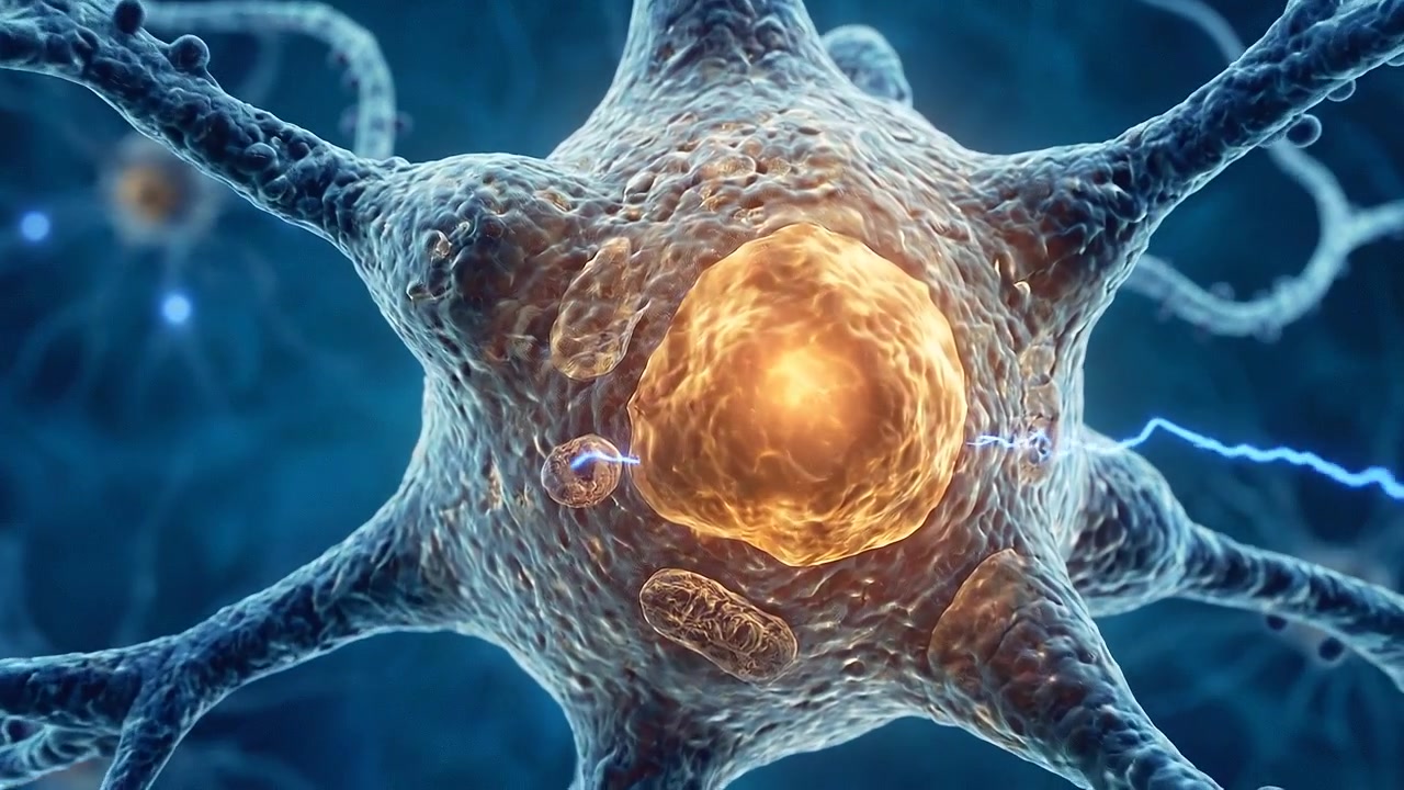 Animazione astratta di rete neurale che mostra sinapsi e neuroni luminosi