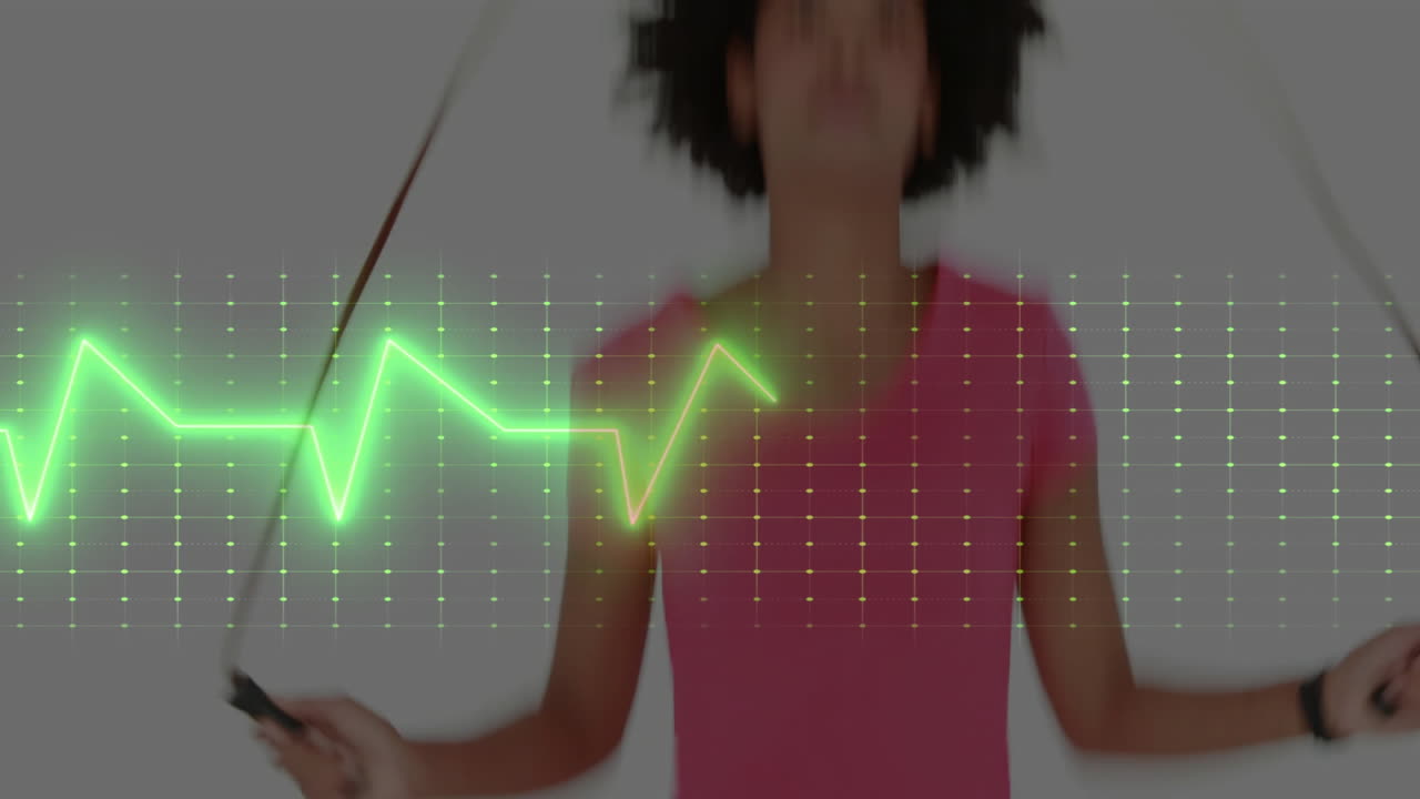 woman jumping rope in health demo, showing neon green heartbeat waveform and grid overlay