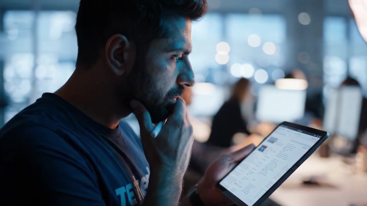 Focused professional engaged in digital task using tablet in modern office environment, showcasing attention to detail and collaboration among team members.