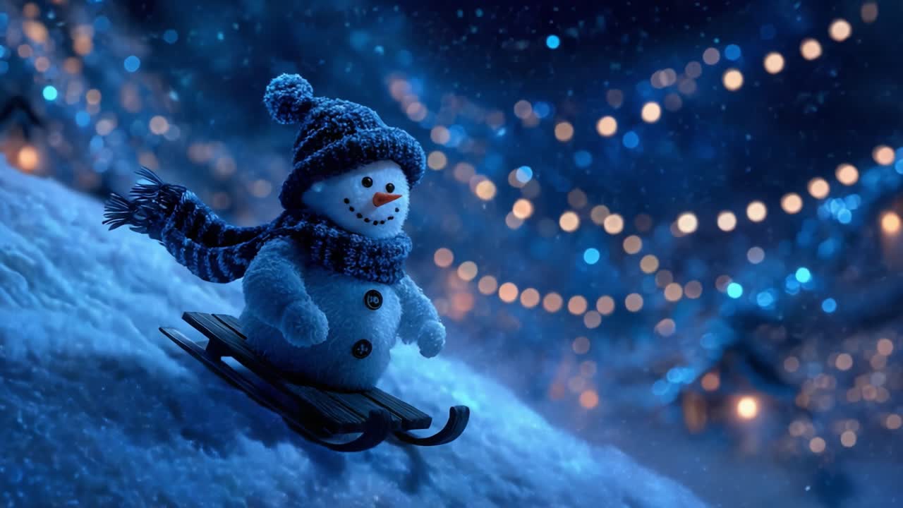 A Joyful Snowman on a Sled Gliding Down a Snowy Hill Surrounded by Sparkling Lights Creates a Magical Winter Scene Full of Cheer and Festive Spirit