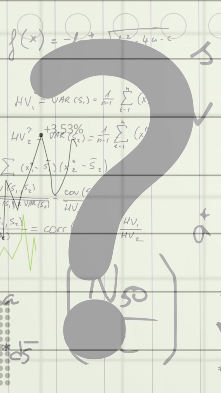 Animation of question mark over mathematical equations in school notebook