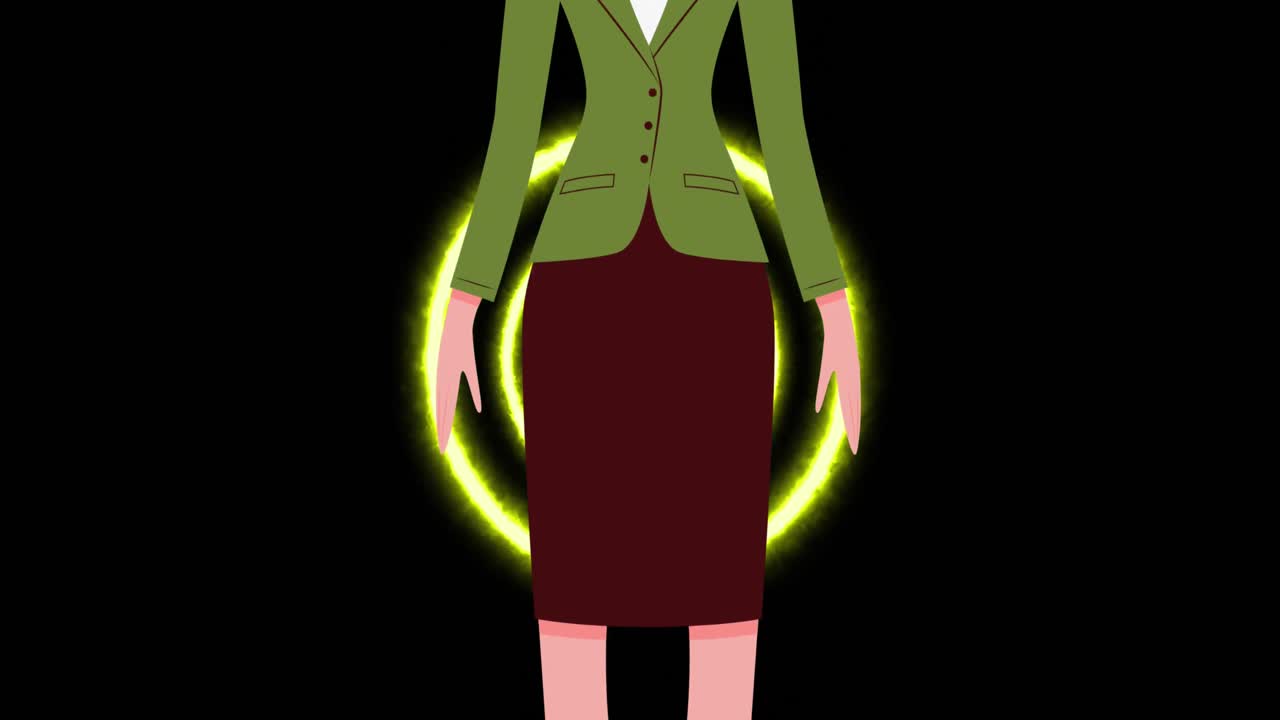 animación de una mujer con máscara facial y círculos coloridos sobre fondo negro