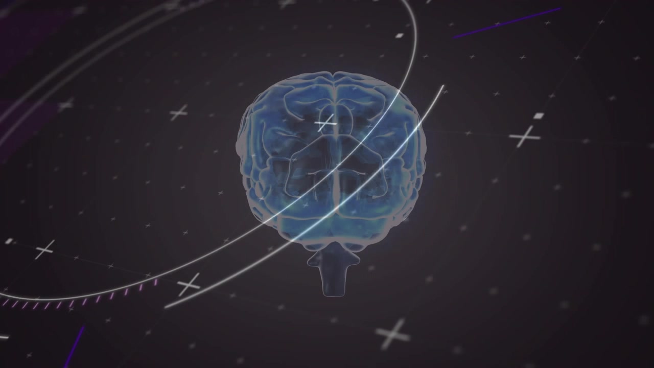 On start 3D brain model appearing rotating orbital arcs pulsing crosses drifting forming loop